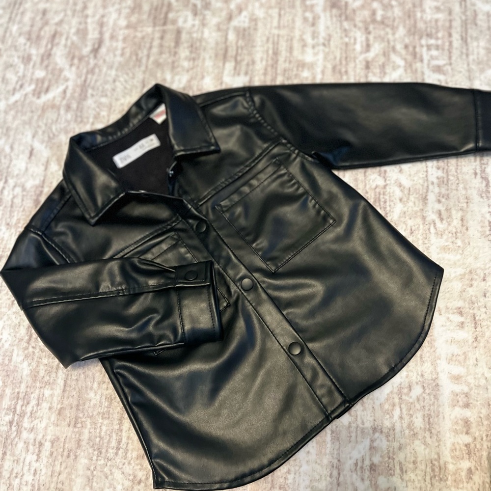 Zara Kids Black Faux Leather Button Down Shirt - 2-3y